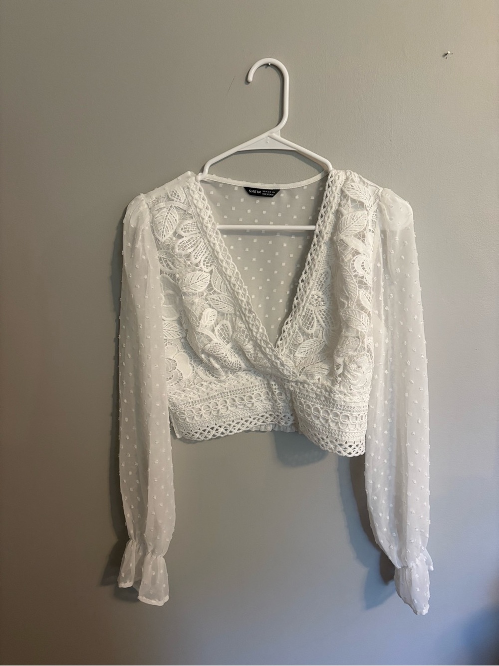 SHEIN White Lace V-Neck Cropped Blouse with Sheer Dotted Sleeves